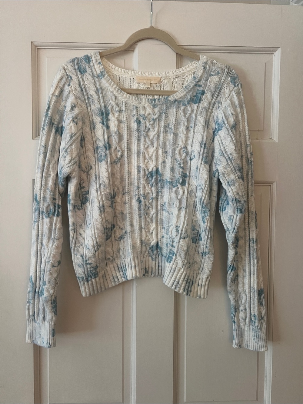 LoveShackFancy Cream Cable-Knit Sweater with Blue Floral Motif